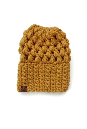 Crochet Puff Stitch Slouch Hat | Mustard Yellow