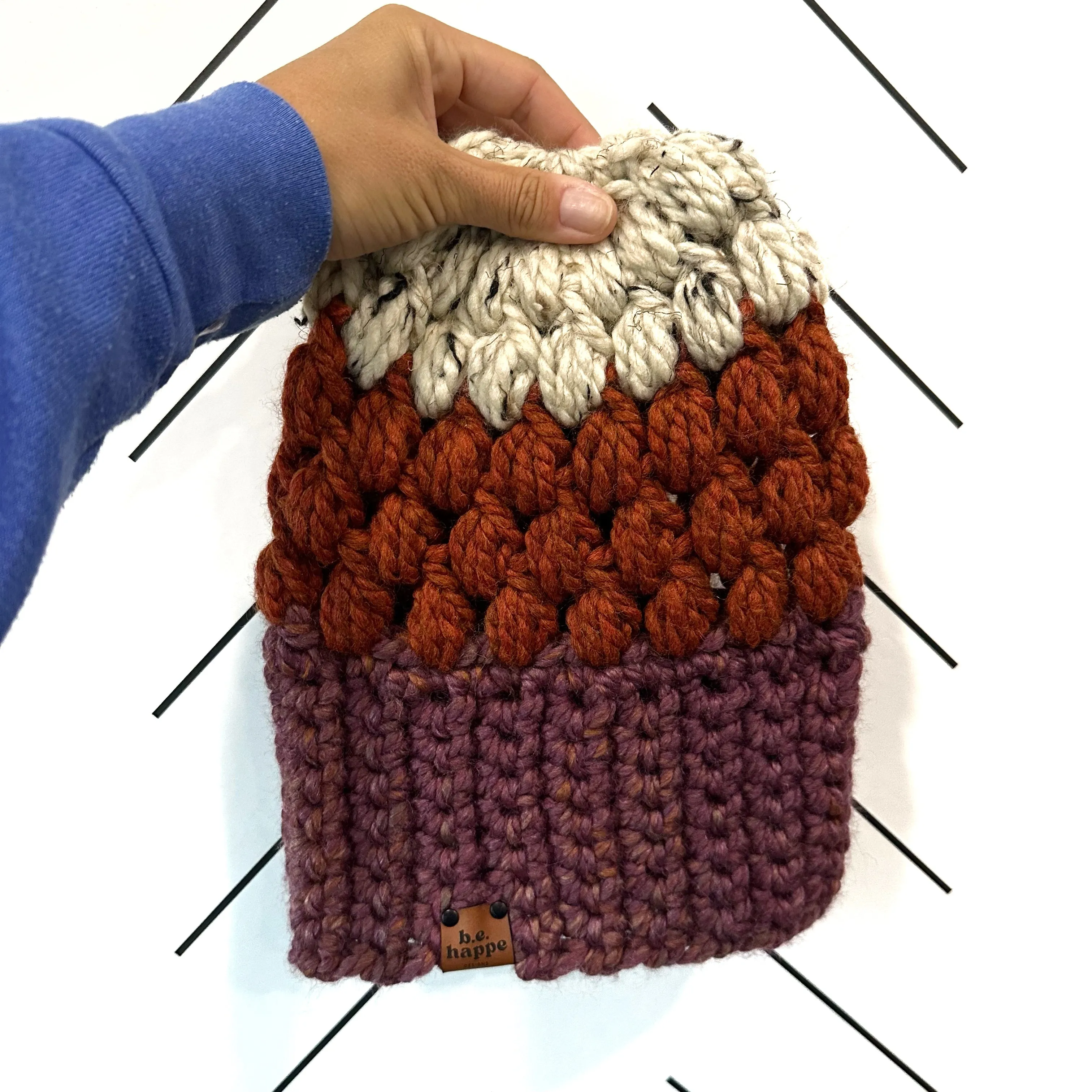 Crochet Puff Stitch Slouch Hat | Purple   Spice   Oatmeal