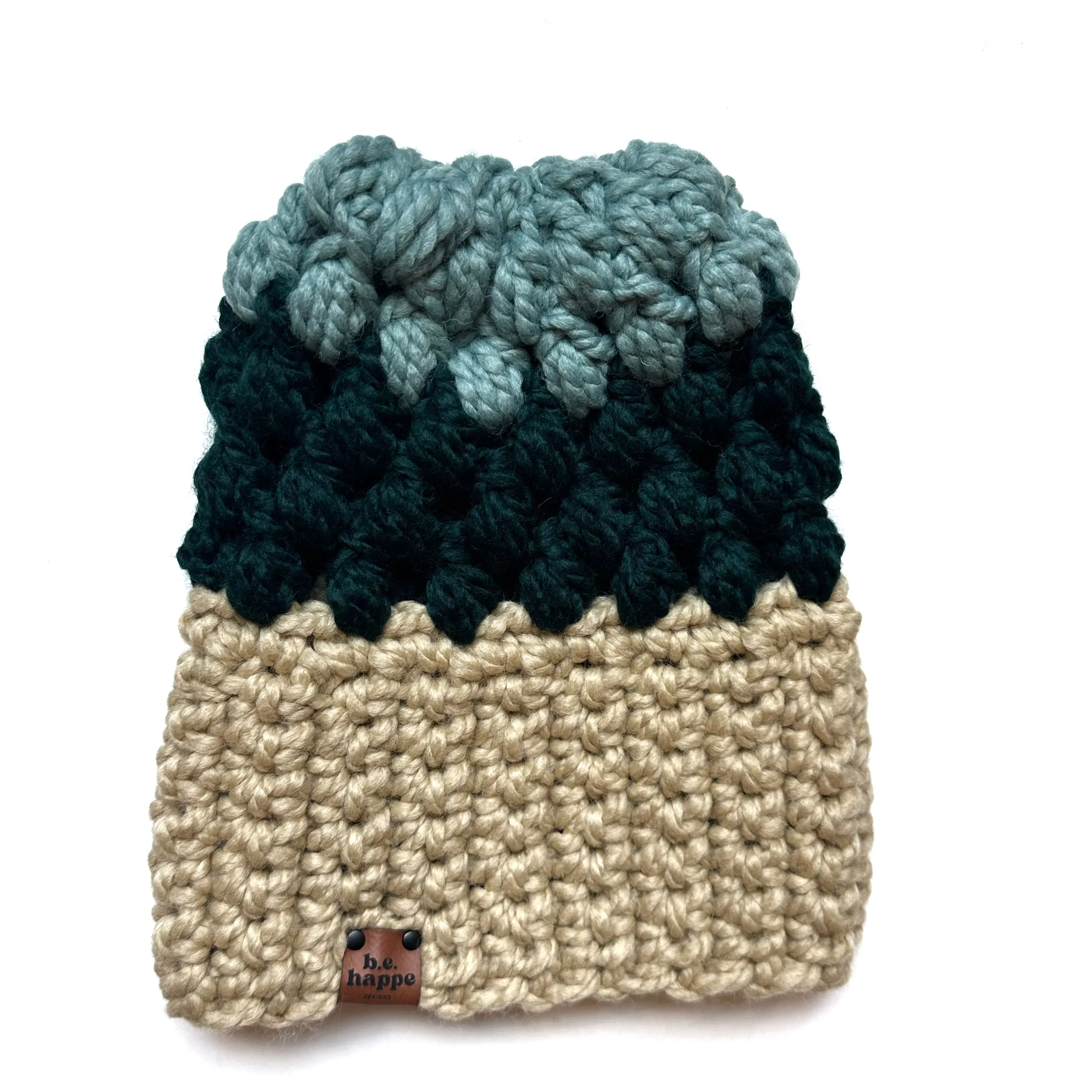 Crochet Puff Stitch Slouch Hat | Tan   Green   Blue