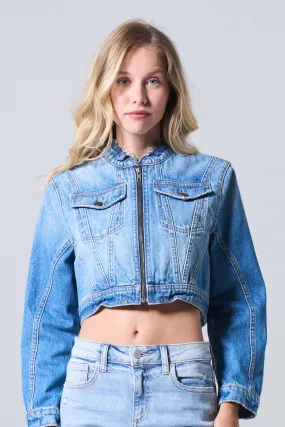 CROP OVERSIZE ZIP UP DENIM JACKET WITH MEDIUM WASH  / SP-J4279