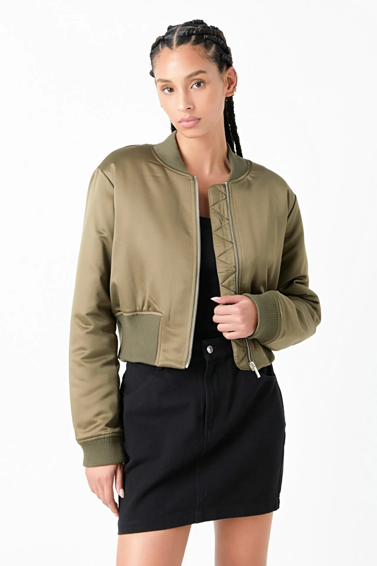 Cropped Satin Effect Bomber Jacket