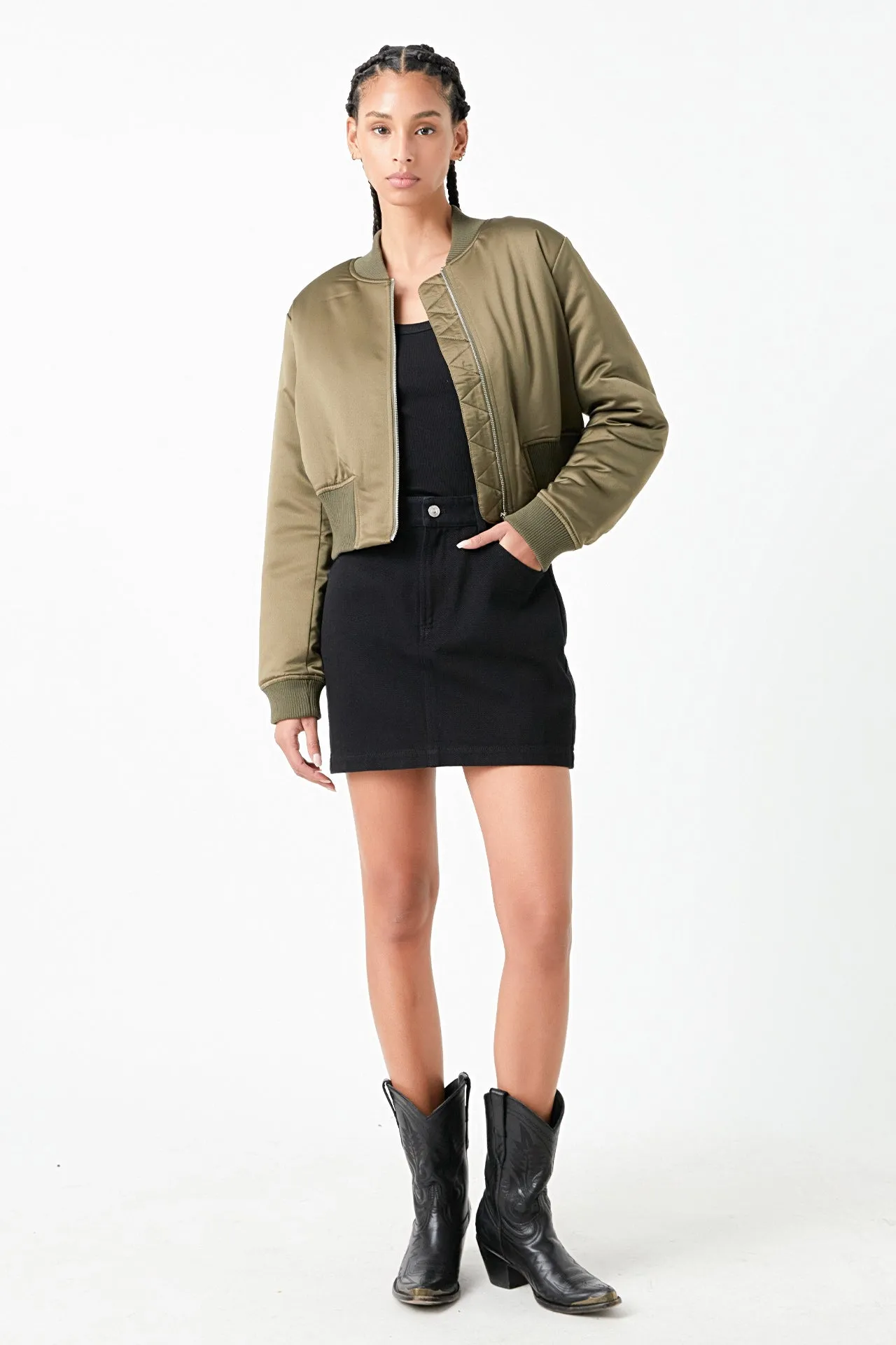 Cropped Satin Effect Bomber Jacket