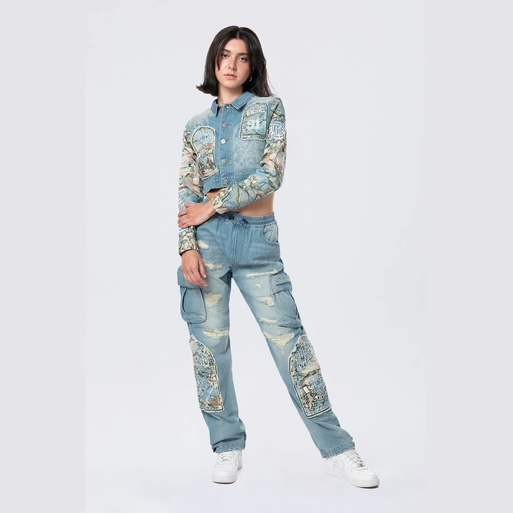 Cropped Tapestry Denim Jacket - Seymour Blue