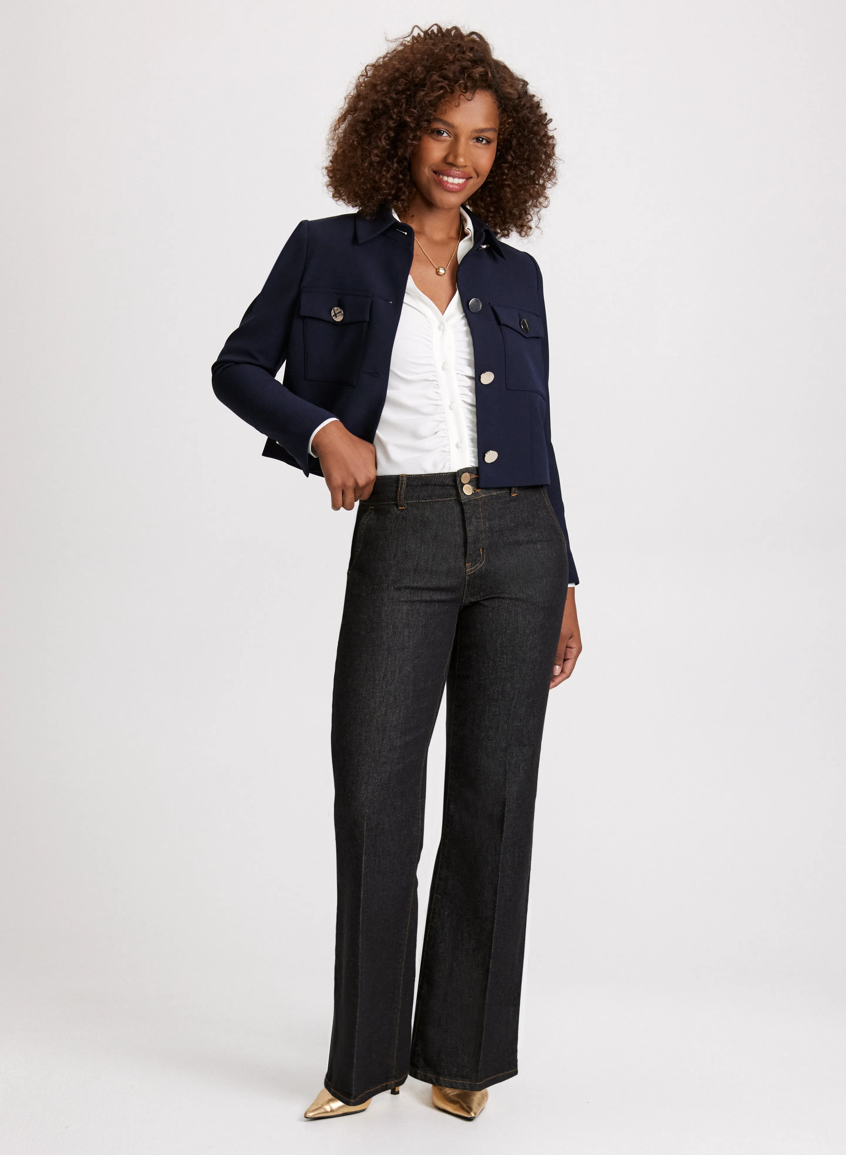 Cropped Twill Jacket & Flare Leg Jeans