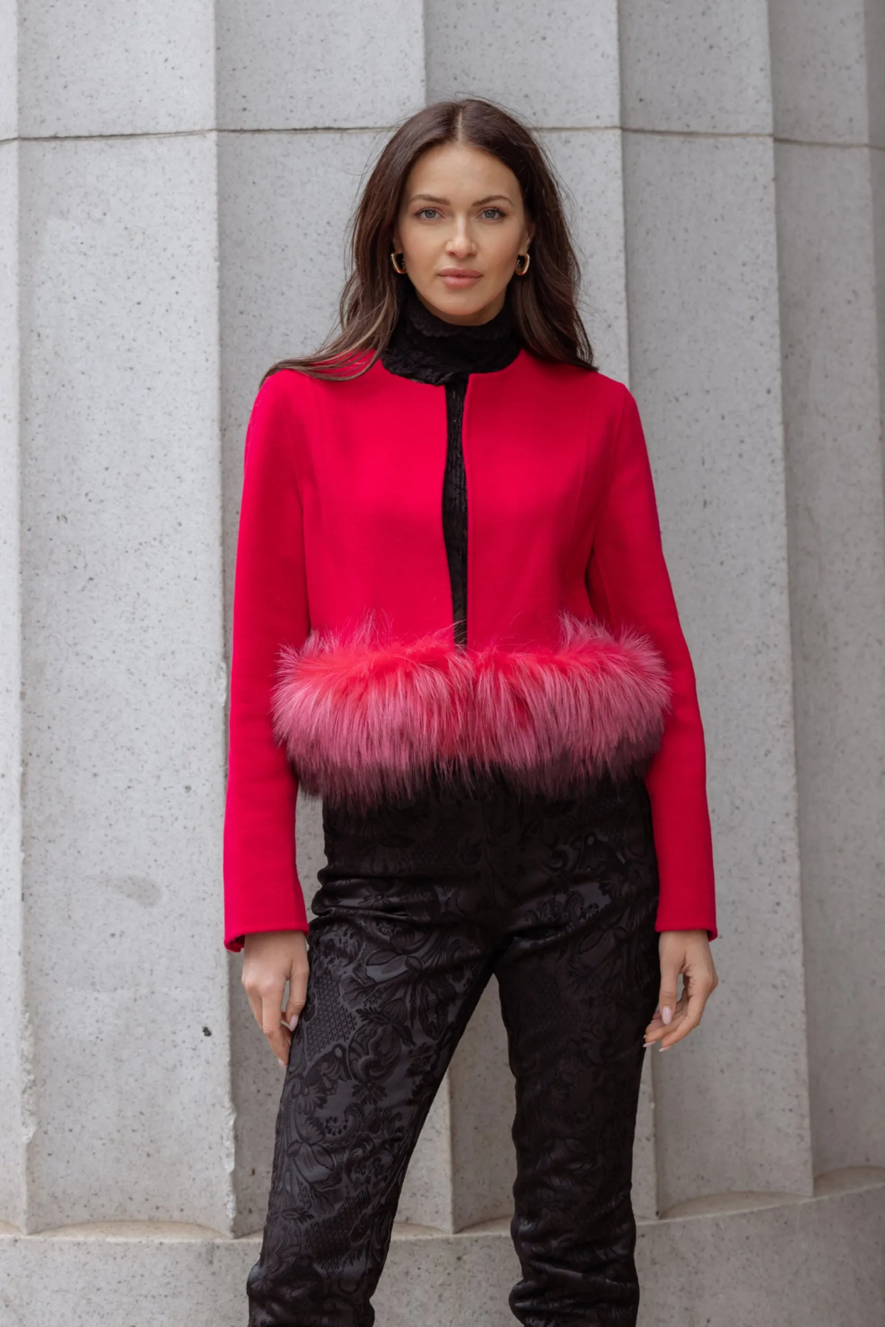 Cropped Wool Jacket With Fur in Barberry