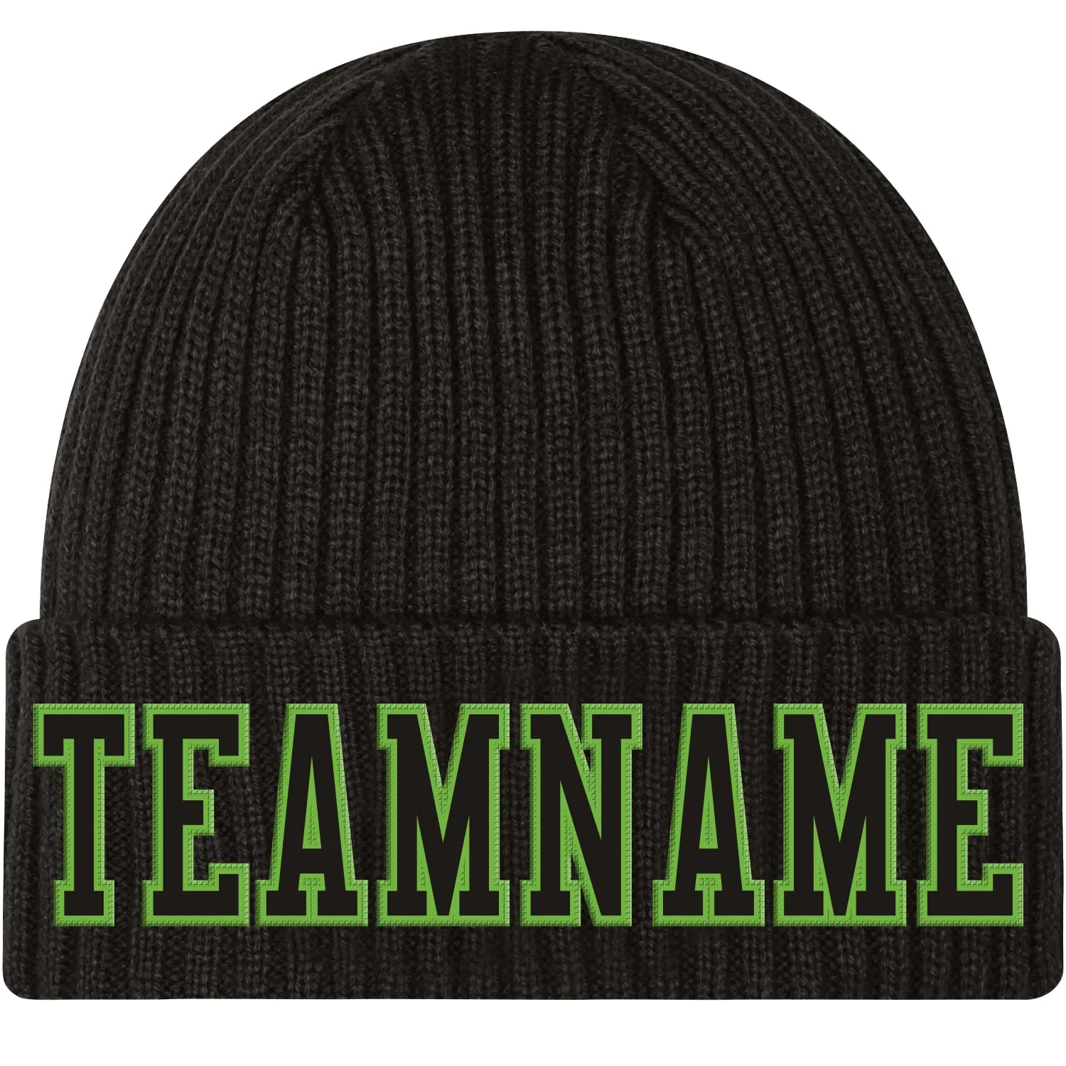 Custom Black Black-Neon Green Stitched Cuffed Knit Hat