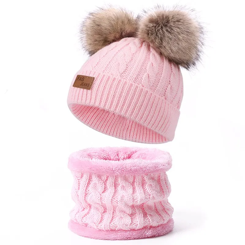 Cute Hat Scarf Set Beanie Cap Children's Hats Girls Fake Ball Pompon Twist Plush Keep Warm Winter Knitted Skullies Kids Bone