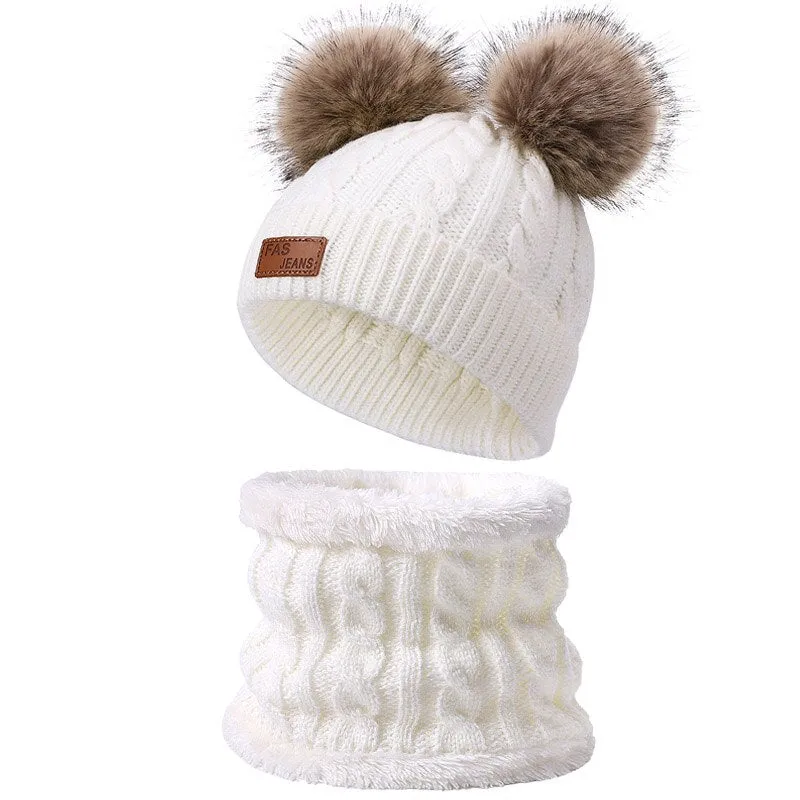 Cute Hat Scarf Set Beanie Cap Children's Hats Girls Fake Ball Pompon Twist Plush Keep Warm Winter Knitted Skullies Kids Bone