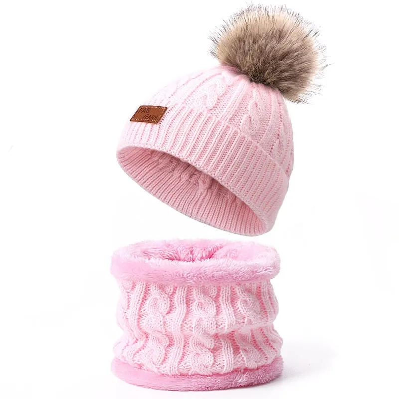 Cute Hat Scarf Set Beanie Cap Children's Hats Girls Fake Ball Pompon Twist Plush Keep Warm Winter Knitted Skullies Kids Bone