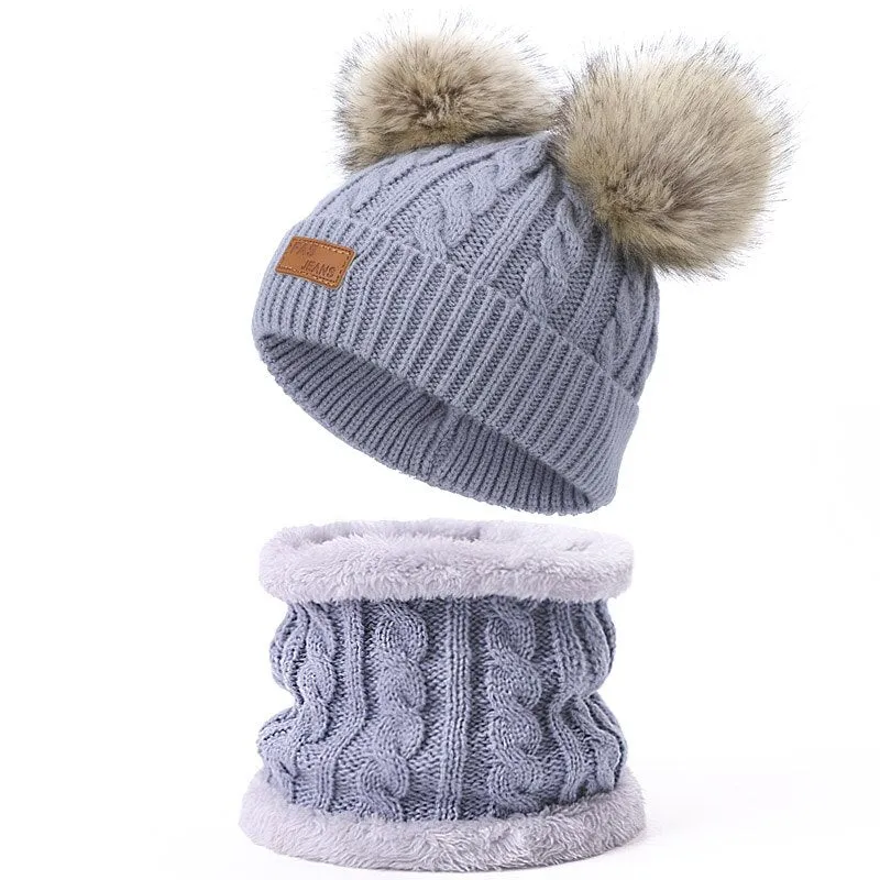 Cute Hat Scarf Set Beanie Cap Children's Hats Girls Fake Ball Pompon Twist Plush Keep Warm Winter Knitted Skullies Kids Bone