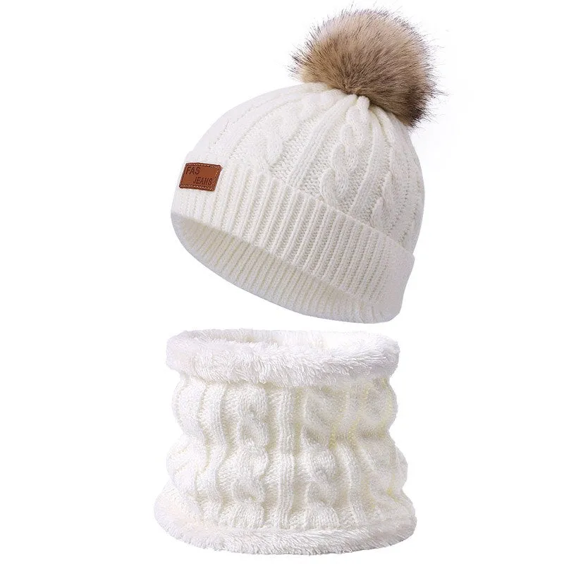 Cute Hat Scarf Set Beanie Cap Children's Hats Girls Fake Ball Pompon Twist Plush Keep Warm Winter Knitted Skullies Kids Bone