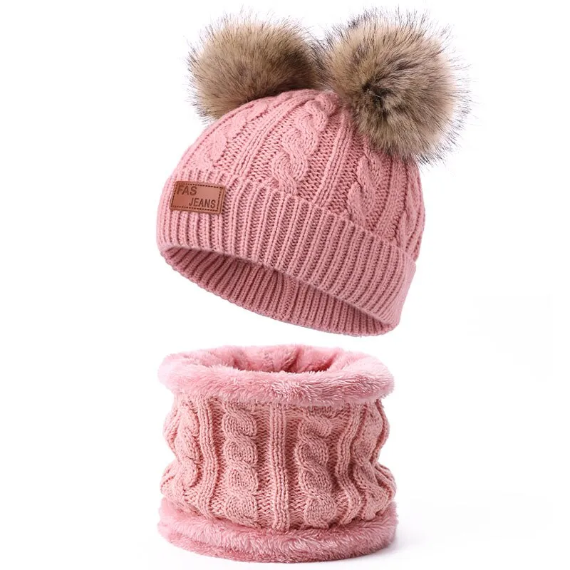 Cute Hat Scarf Set Beanie Cap Children's Hats Girls Fake Ball Pompon Twist Plush Keep Warm Winter Knitted Skullies Kids Bone