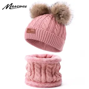 Cute Hat Scarf Set Beanie Cap Children's Hats Girls Fake Ball Pompon Twist Plush Keep Warm Winter Knitted Skullies Kids Bone