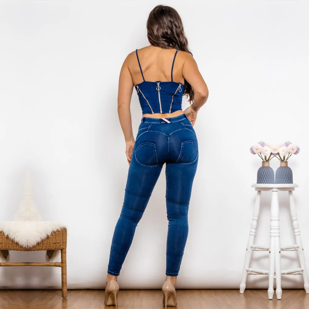 Dark Blue Jeans Shapers And Blue Washed Ripped Middle Waist Ripped Blue Lifting Jeggings Set