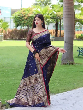 Dark Blue Saree in Soft Silk with Three Colored Zari