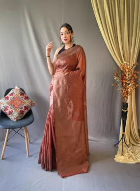 Dark Brown Saree in Cotton Copper Floral