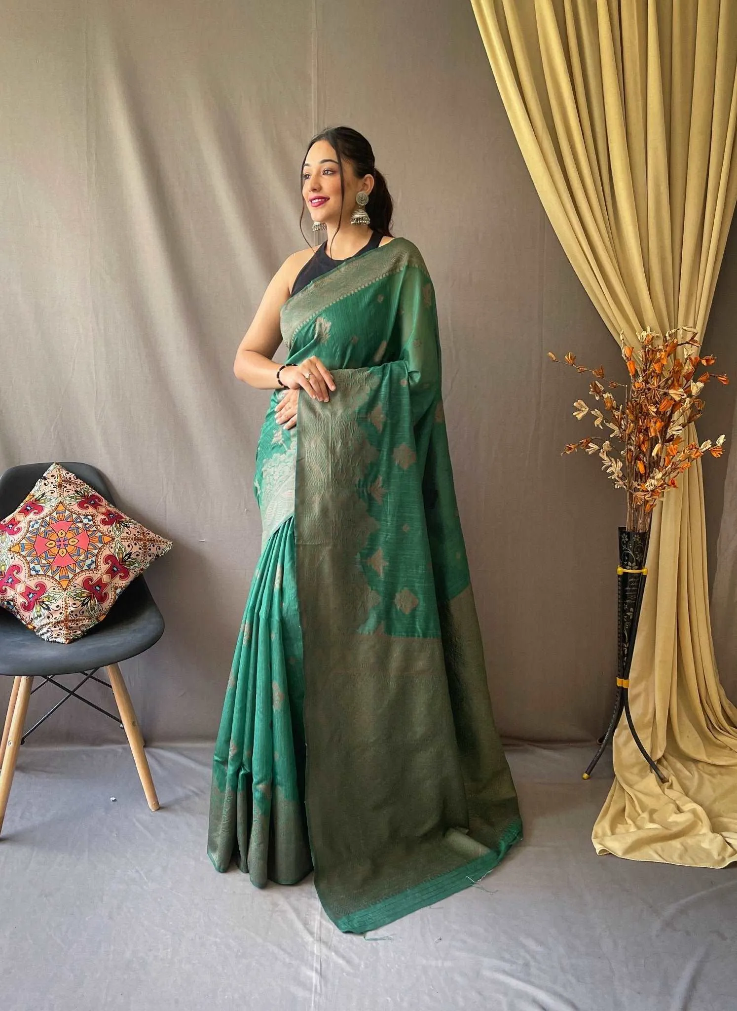 Dark Green Saree in Cotton Copper Floral