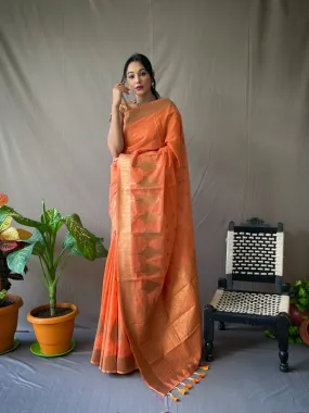 Dark Peach Saree in Pure Cotton Copper