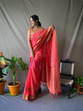 Dark Pink Saree in Pure Cotton Copper