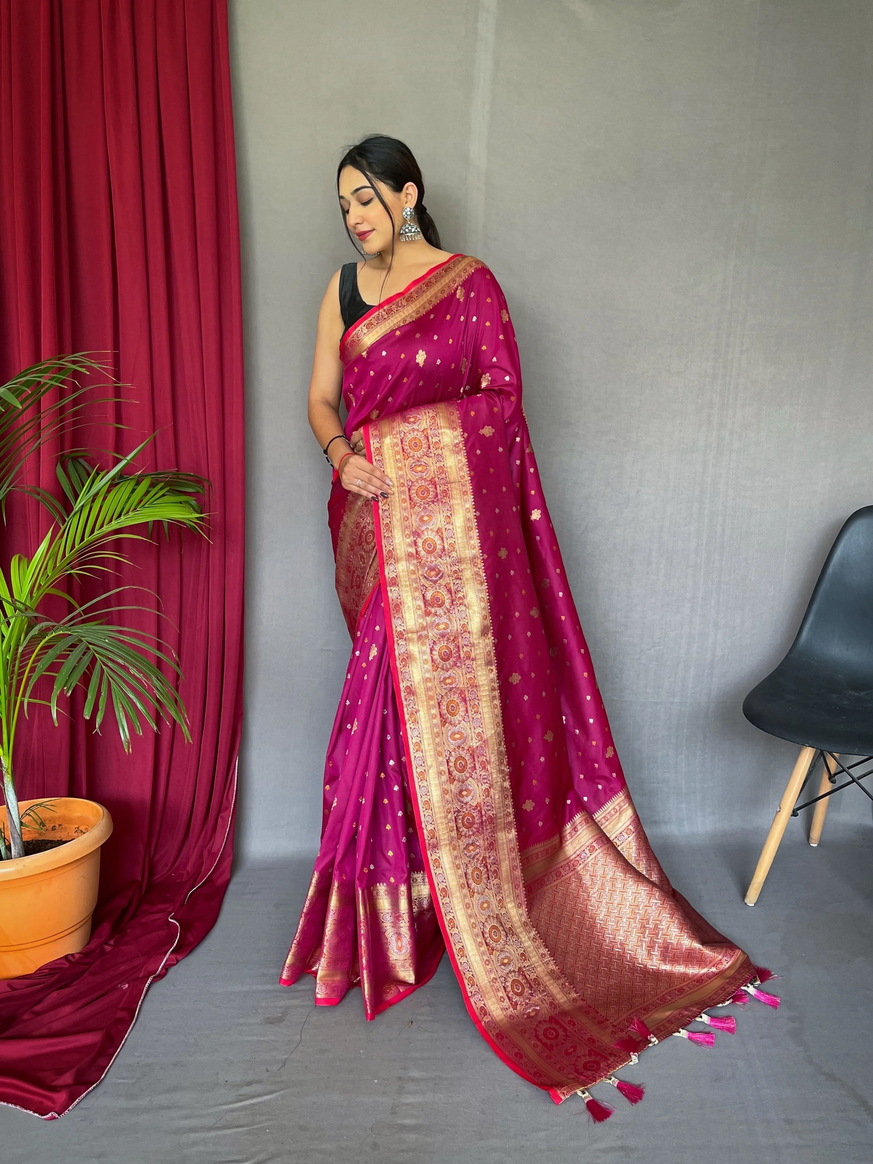 Dark Pink Saree in Soft Silk Multi Color Zari Woven