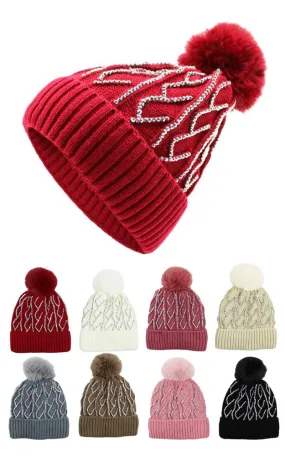 DBH3749 12pcs Beanie Hat Rhinestones Pompoms Knit Hat