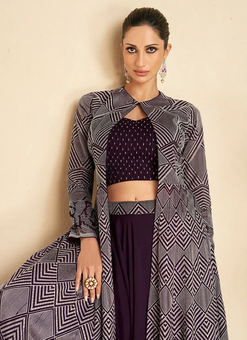 Deep Purple Crystal Stone Embroidery Lehenga Choli And Jacket