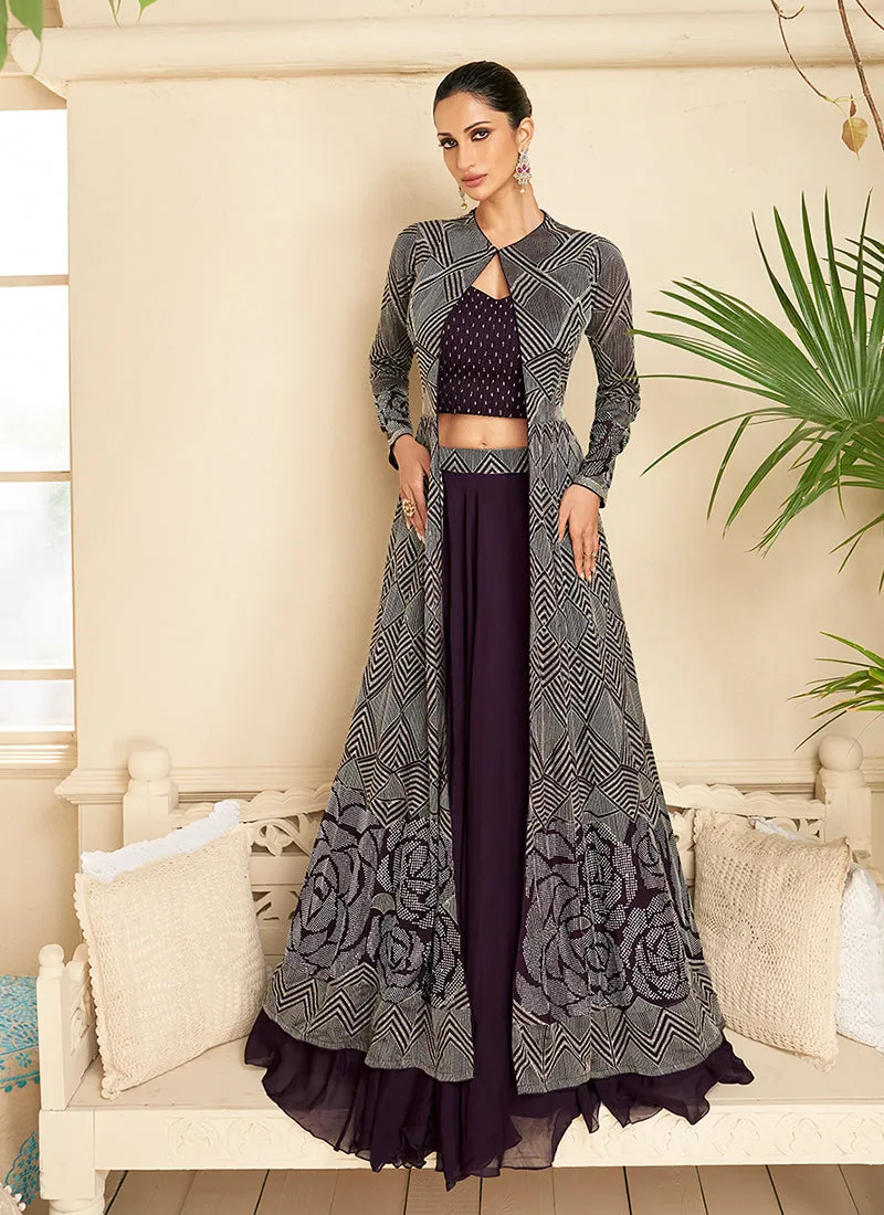 Deep Purple Crystal Stone Embroidery Lehenga Choli And Jacket