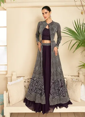 Deep Purple Crystal Stone Embroidery Lehenga Choli And Jacket