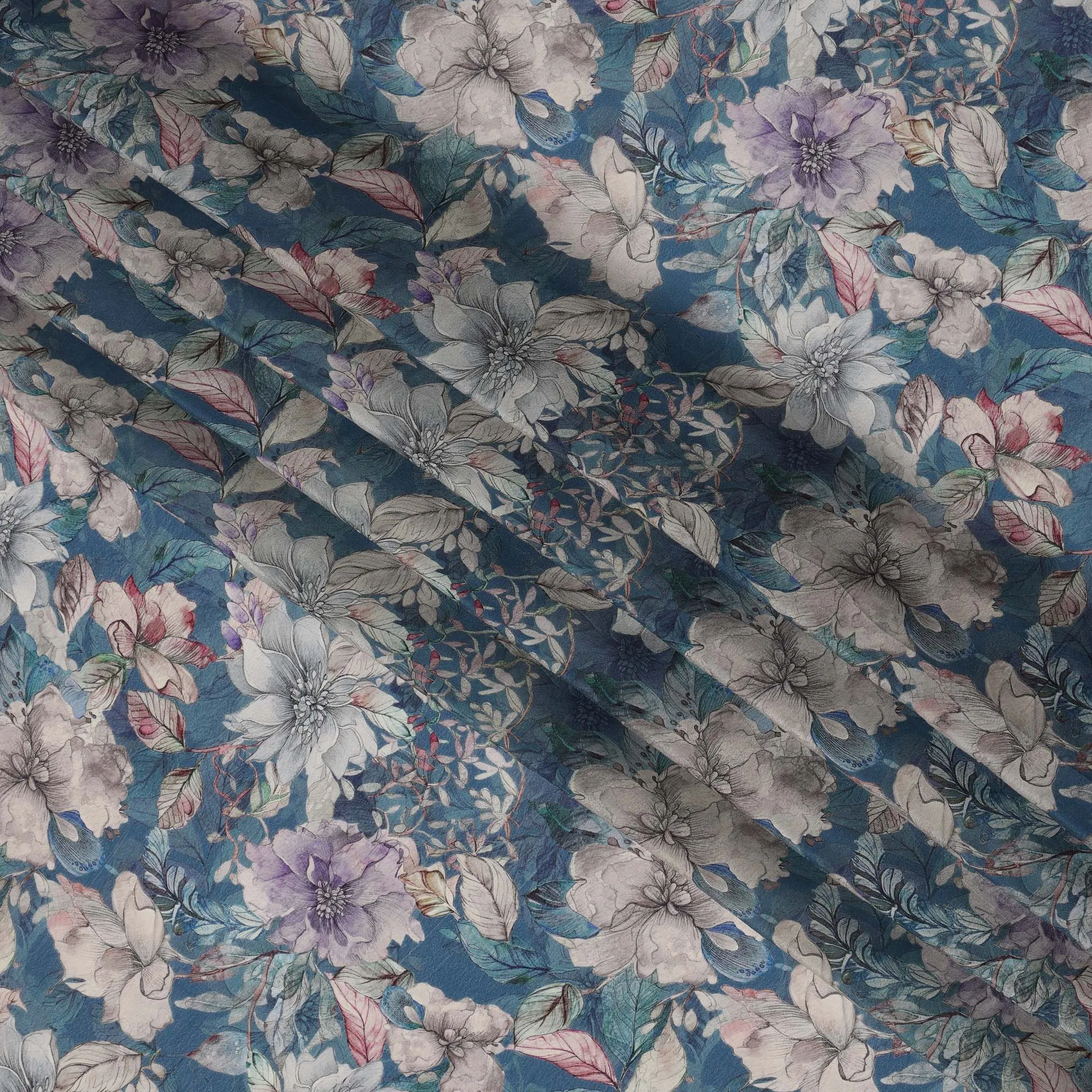 Deep Teal Viscose Digital Printed Fabric with Botanical Floral Design, 110 cm Width-D21308