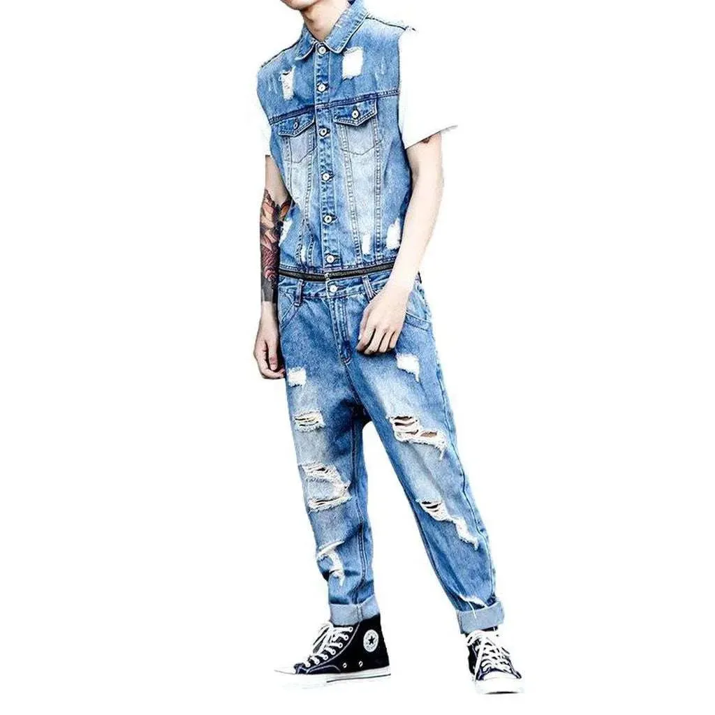 Distressed jean jumpsuit for men