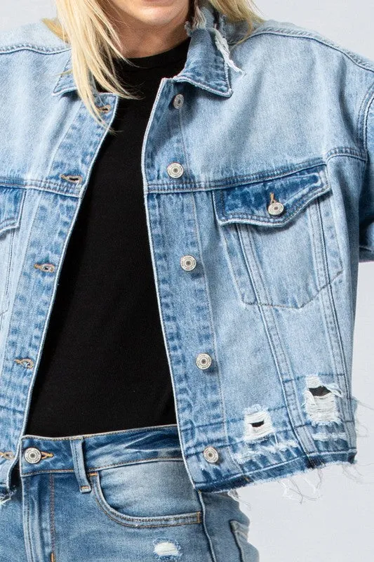 Distressed Oversized Denim Jacket - Vervet - Final Sale