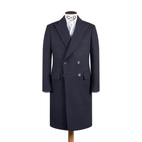 Double Breasted Peak Overcoat in Navy Herringbone