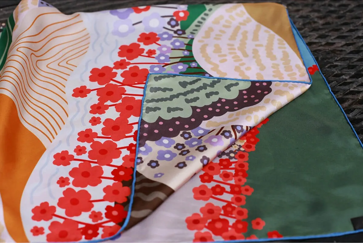 Double Sided Silk Scarf Of Floral Mountain