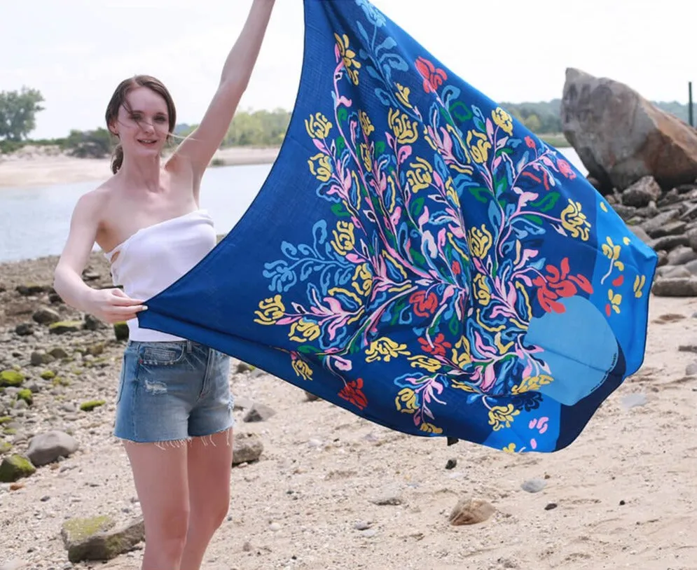 Double Sided Wool Silk Shawl Of Night Flowers