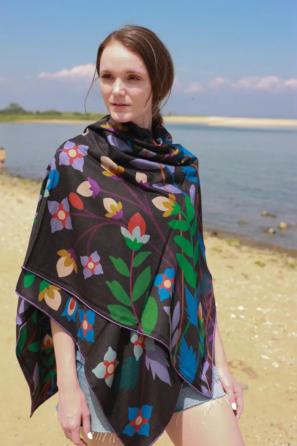 Double Sided Wool Silk Shawl Of Night Garden