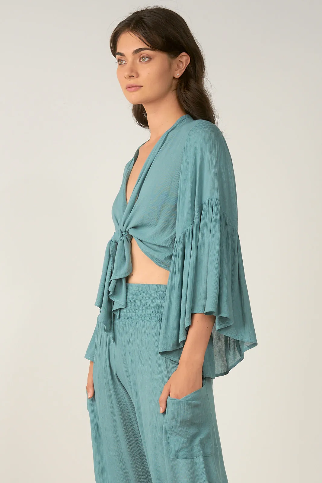 Elan Jade Green Wrap Tie Front Top