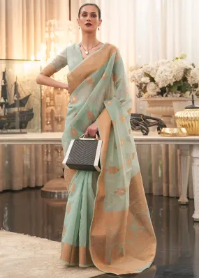 Emerald Green Copper Zari Woven Linen Silk Saree