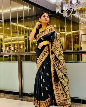 Engaging Black Soft Banarasi Silk Saree With Gratifying Blouse Piece