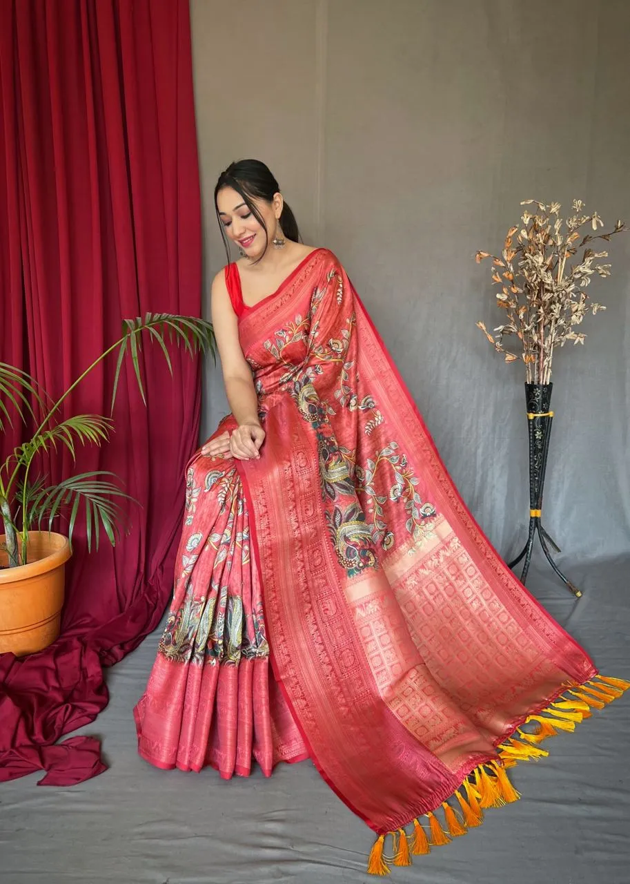 Faded Red Saree in Banarasi Silk with Kalamkari Prints