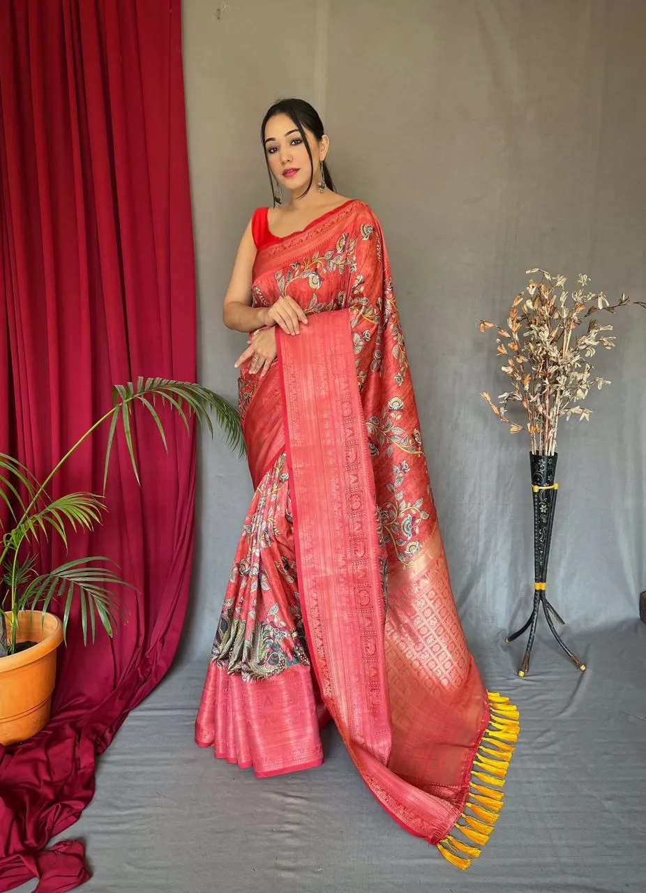 Faded Red Saree in Banarasi Silk with Kalamkari Prints