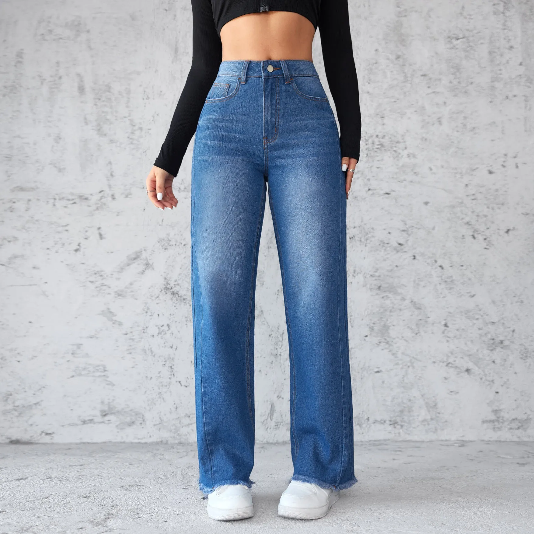 Fashion Straight Wide-leg Jeans Casual High-waist Non-elastic Women's Clothing