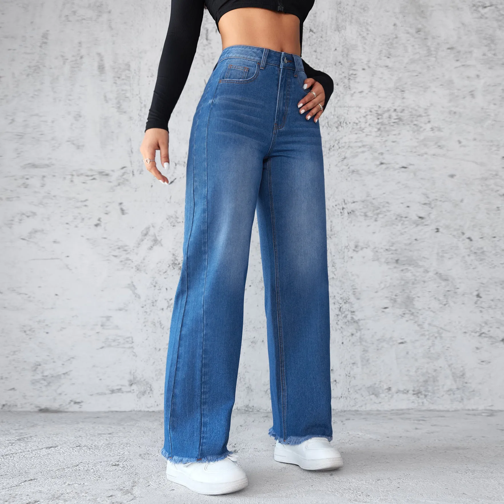 Fashion Straight Wide-leg Jeans Casual High-waist Non-elastic Women's Clothing