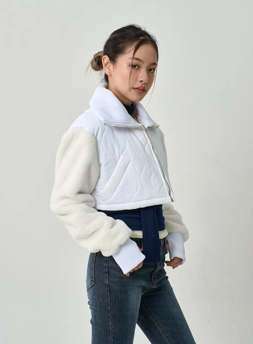 Faux Fur Sleeve Puffer Cropped Zipper Jacket CD19