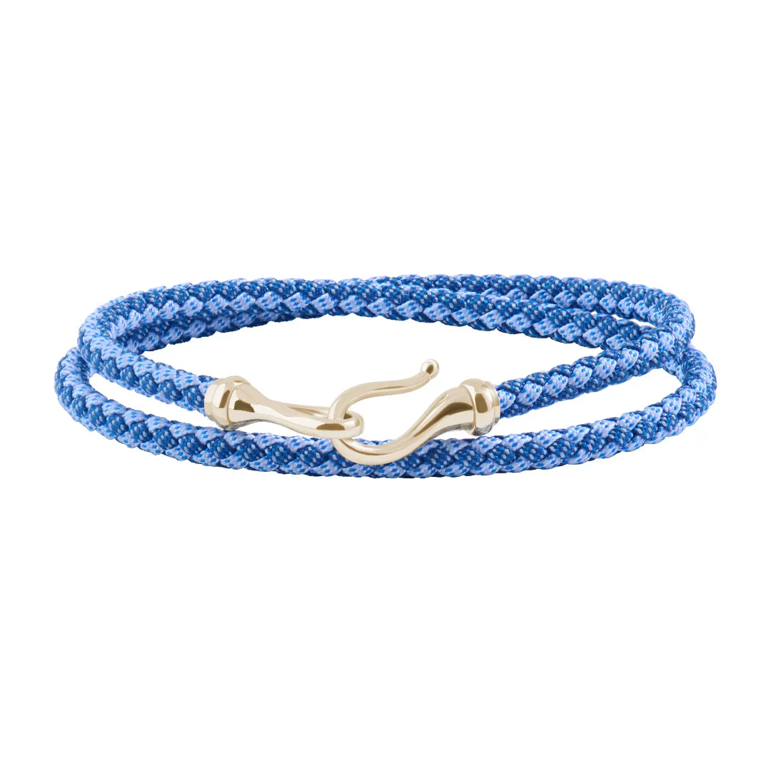 Fish Hook Blue Cotton Wrap Bracelet in Gold