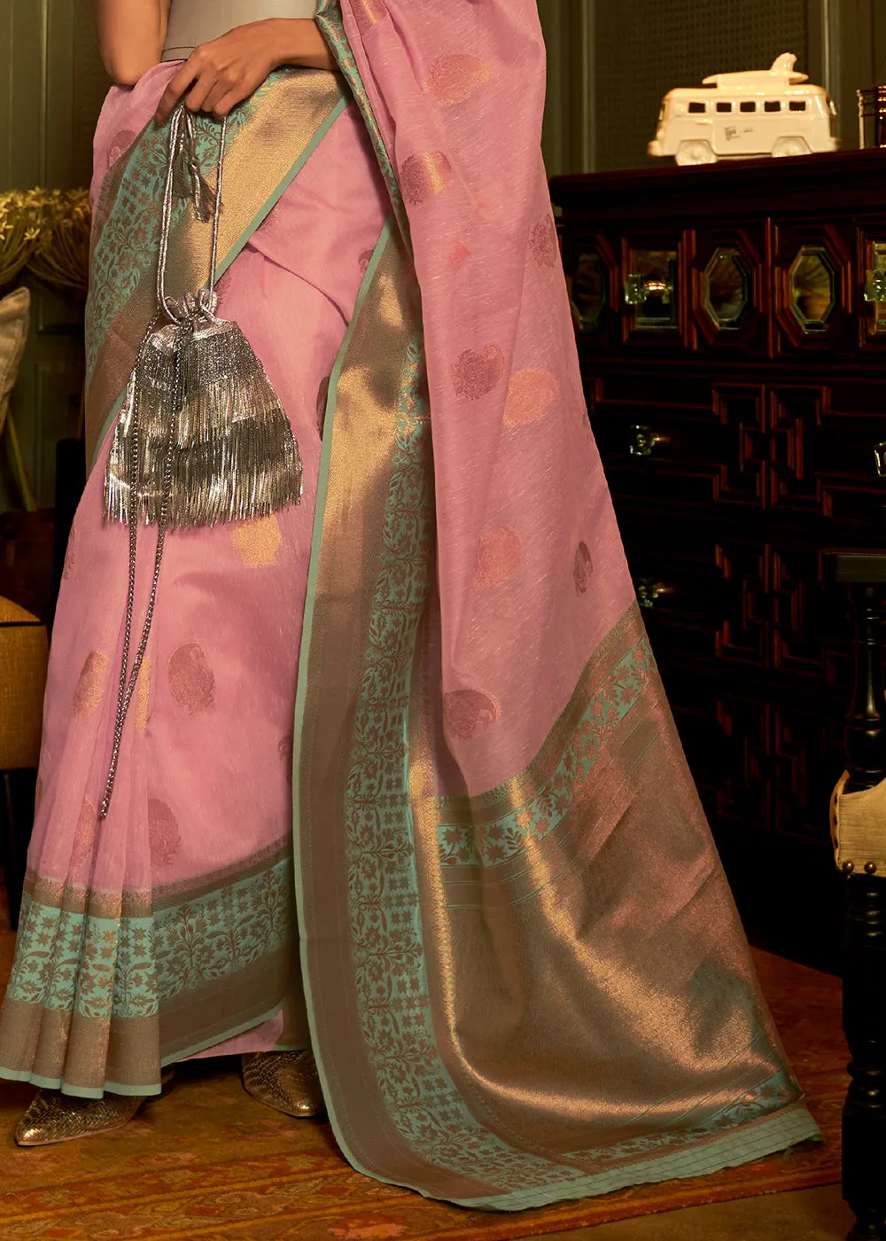 Flamingo Pink Copper Zari Woven Linen Silk Saree