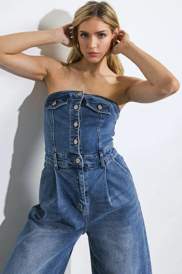 Flying Tomato Washed Denim Strapless Jumpsuit