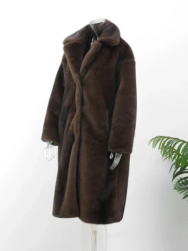 Flytonn-Women's Warm  Faux Fur Long Overcoat Single Breasted Fleece Long Trench Coat Winter Lady Fluffy Plush New Thicken Outerwear