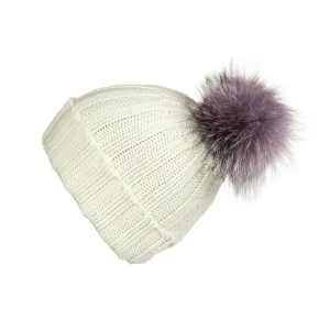 Fold-Over Ivory Cashmere Hat with Lilac Pom-Pom