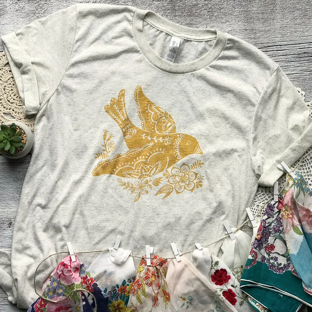 Folk Floral Bird Triblend Tee / T Shirt