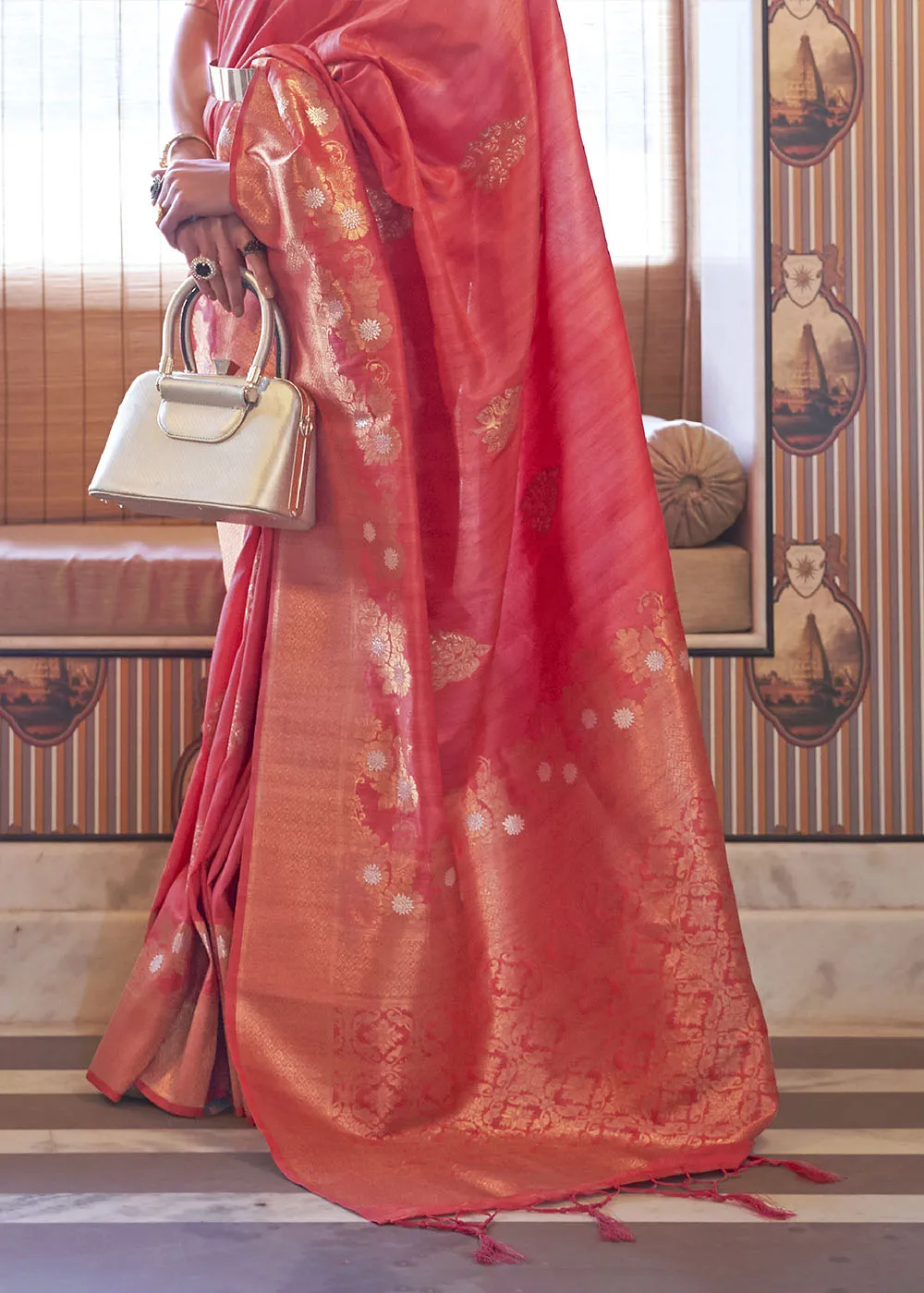 French Pink Copper Zari Woven Tussar Silk Saree